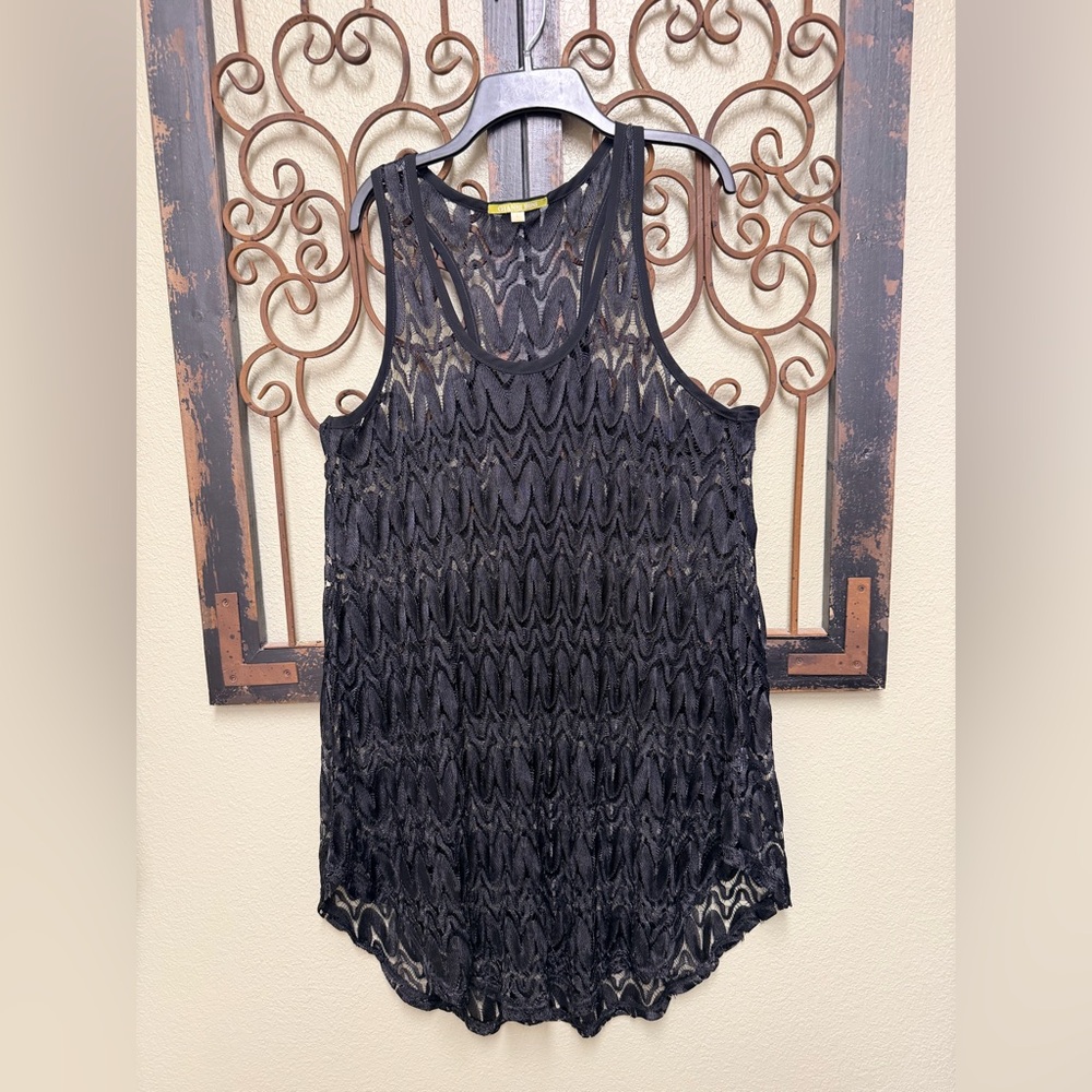 Gianni Bini Black Lace Tank Top - Sheer Crochet Overlay